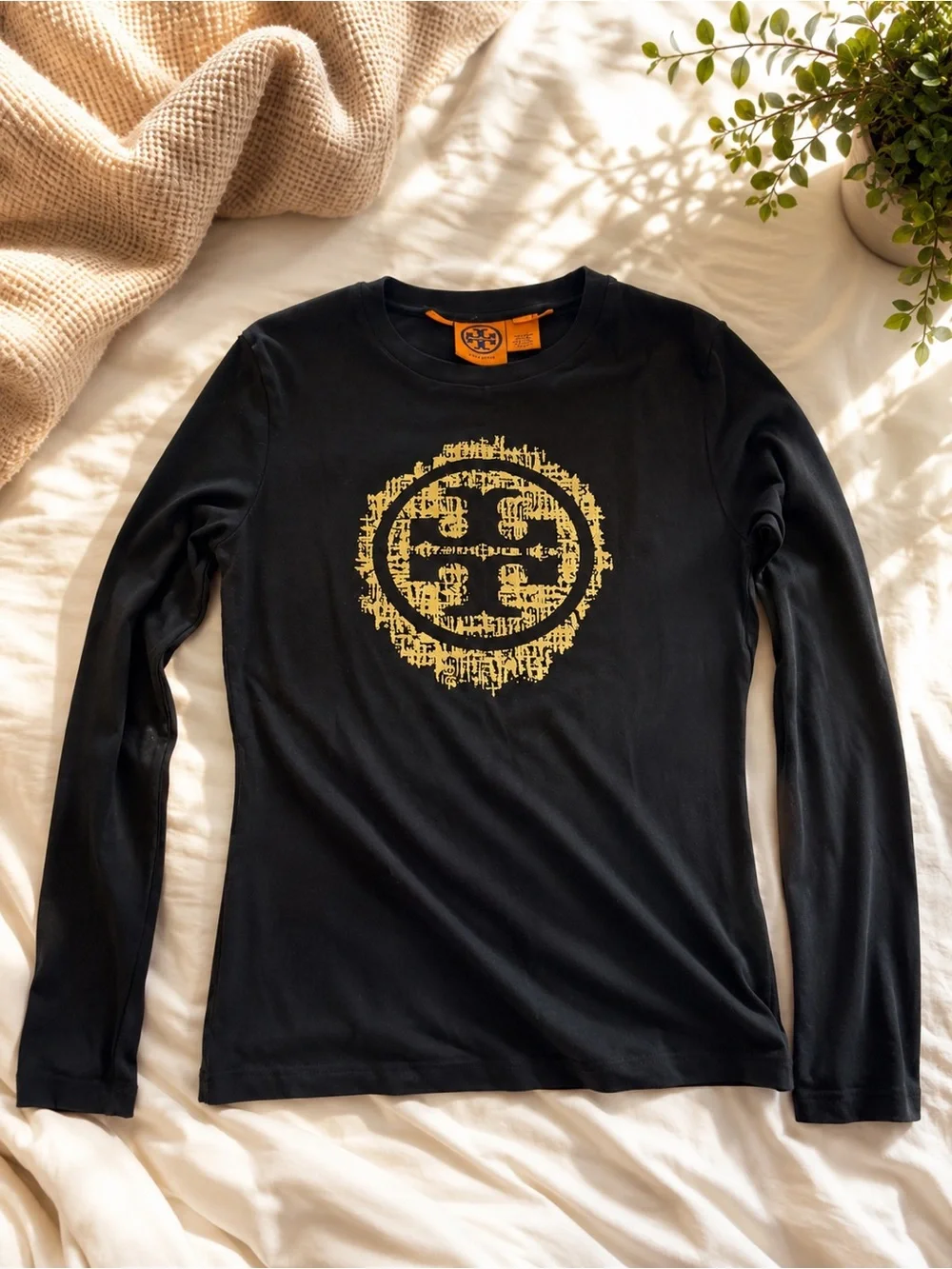 Tory Burch Black Long-Sleeve Tee with Yellow Logo never worn size S